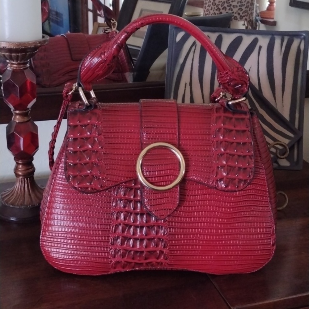 Deep Cranberry Red Croc Embossed Designer Like Handle Crossbody Bag